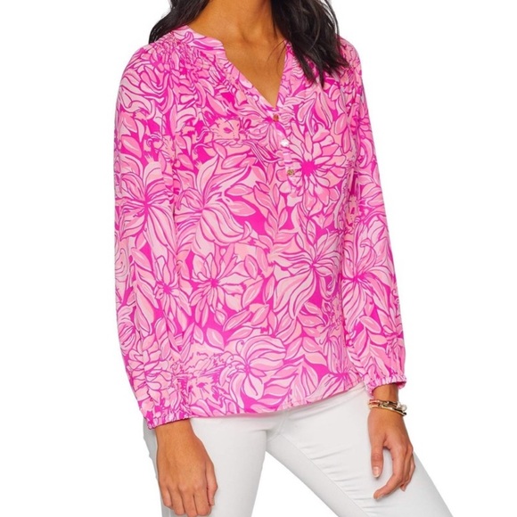 Lilly Pulitzer Tops - Lilly Pulitzer Elsa Top Pink Pawsitive Cattitude Floral Cats 100% Silk Blouse S
